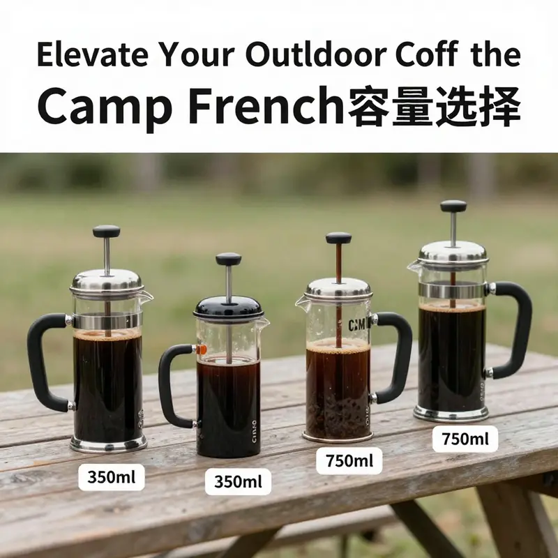 A titanium Camp French Press showcasing its elegant design amid a scenic outdoor backdrop.