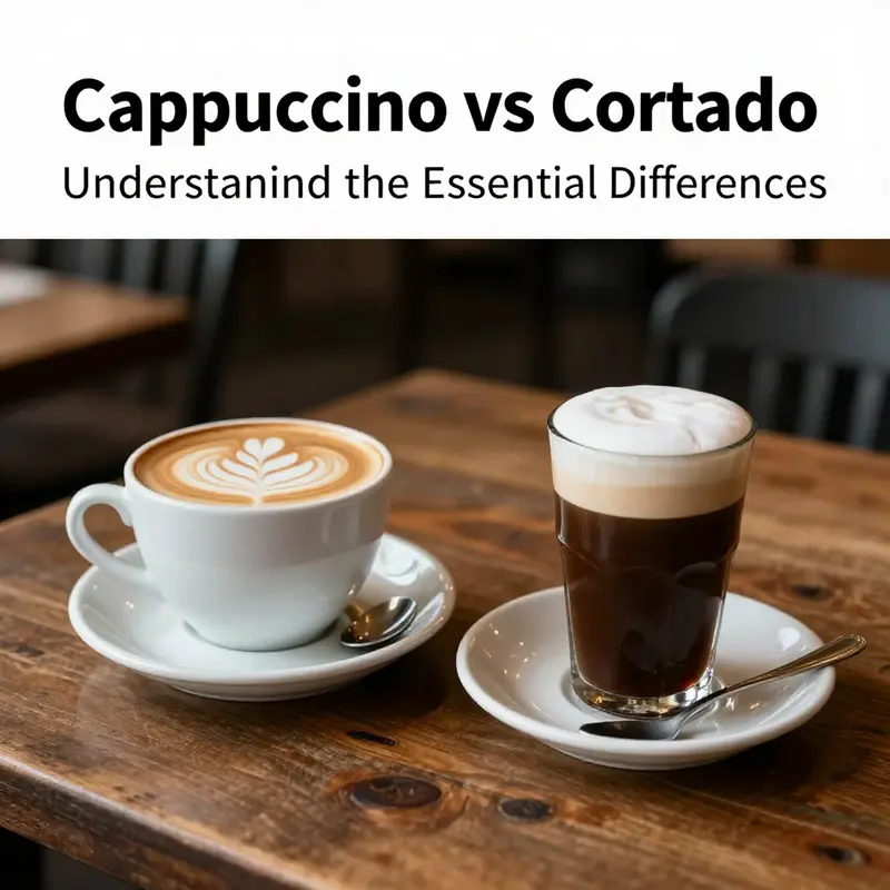 Cappuccino and cortado displayed on a rustic wooden table in a café.