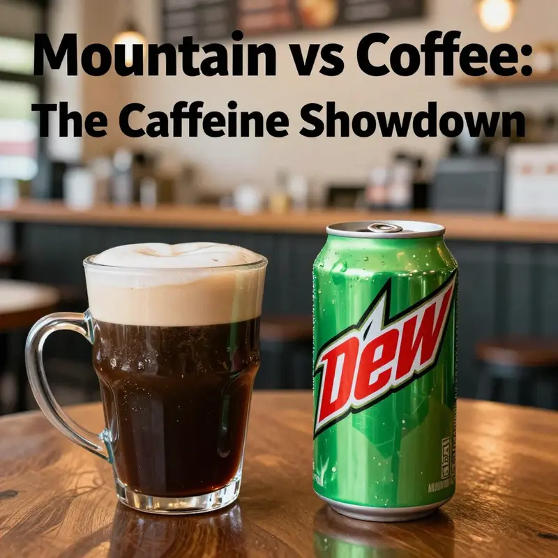 A coffee shop table with Mountain Dew and coffee, contrasting the two popular beverages.