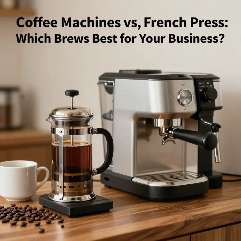 Coffee station displaying a French press and coffee machine with coffee beans and mugs, highlighting the contrast between the two.