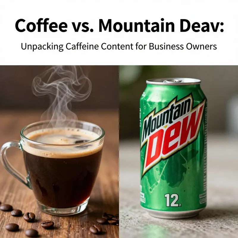 A visual comparison of caffeine levels in coffee and Mountain Dew, emphasizing serving sizes and content.