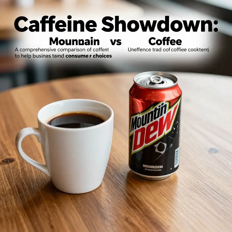 A cup of coffee beside a cold can of Mountain Dew on a wooden table, representing caffeine alternatives.