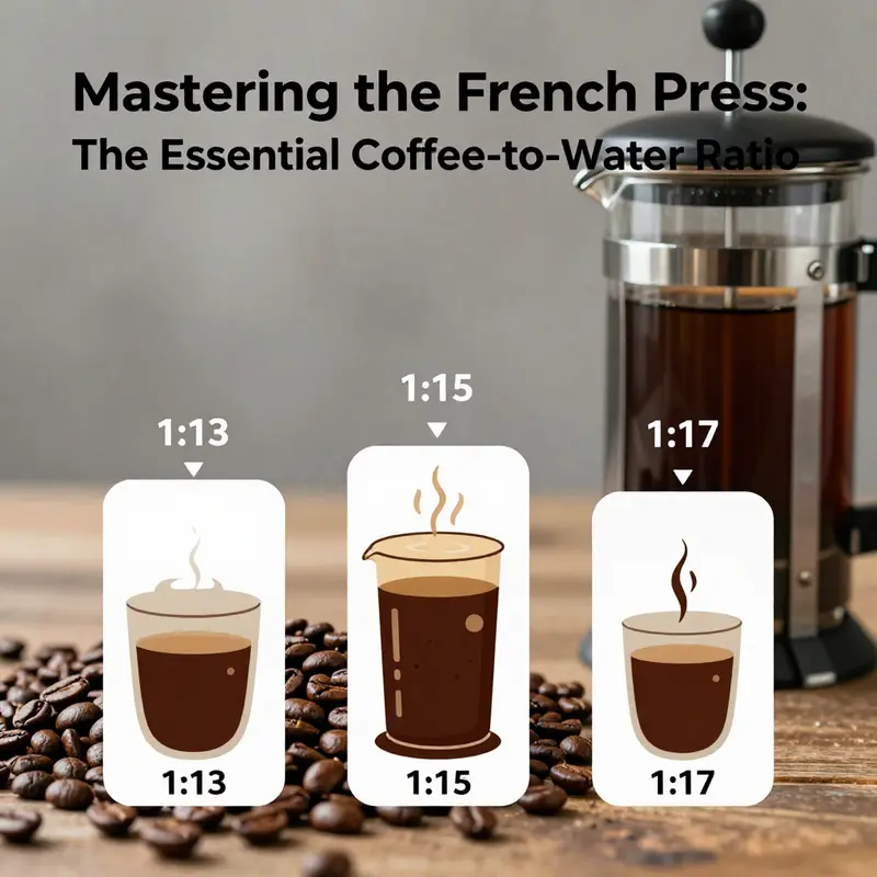 An infographic illustrating the standard coffee-to-water ratios for French press brewing.
