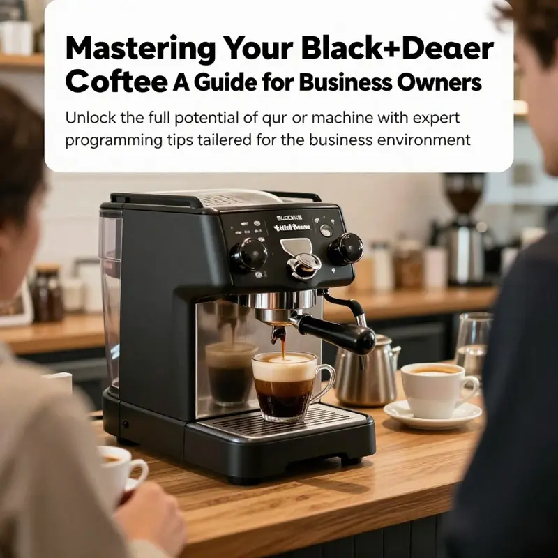 A lively coffee shop scene showcasing a Black+Decker coffee machine with patrons enjoying their drinks.