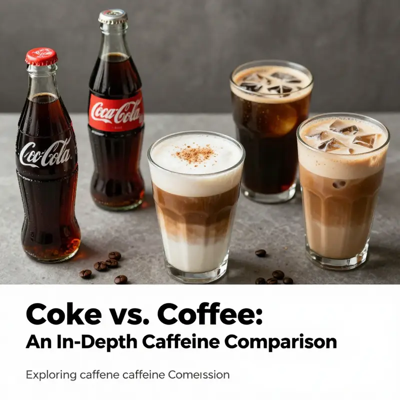 A variety of Coca-Cola products next to an assortment of coffee drinks, encapsulating the discussion on caffeine comparison.
