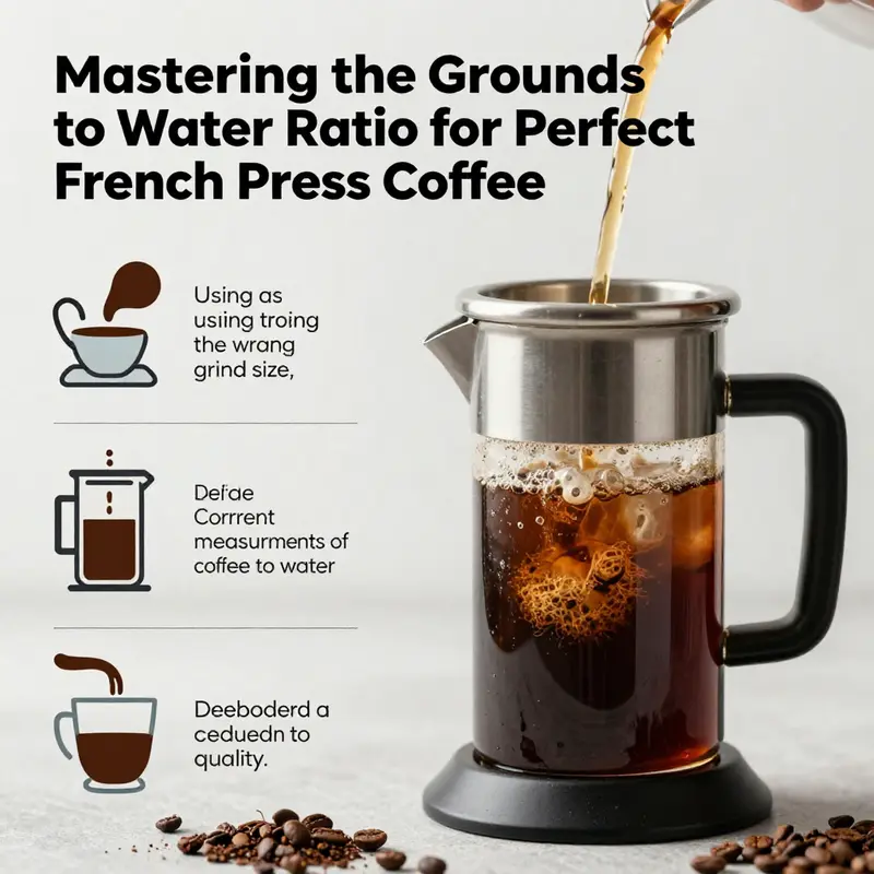 A French press setup showcasing the precision needed for the ideal grounds to water ratio.