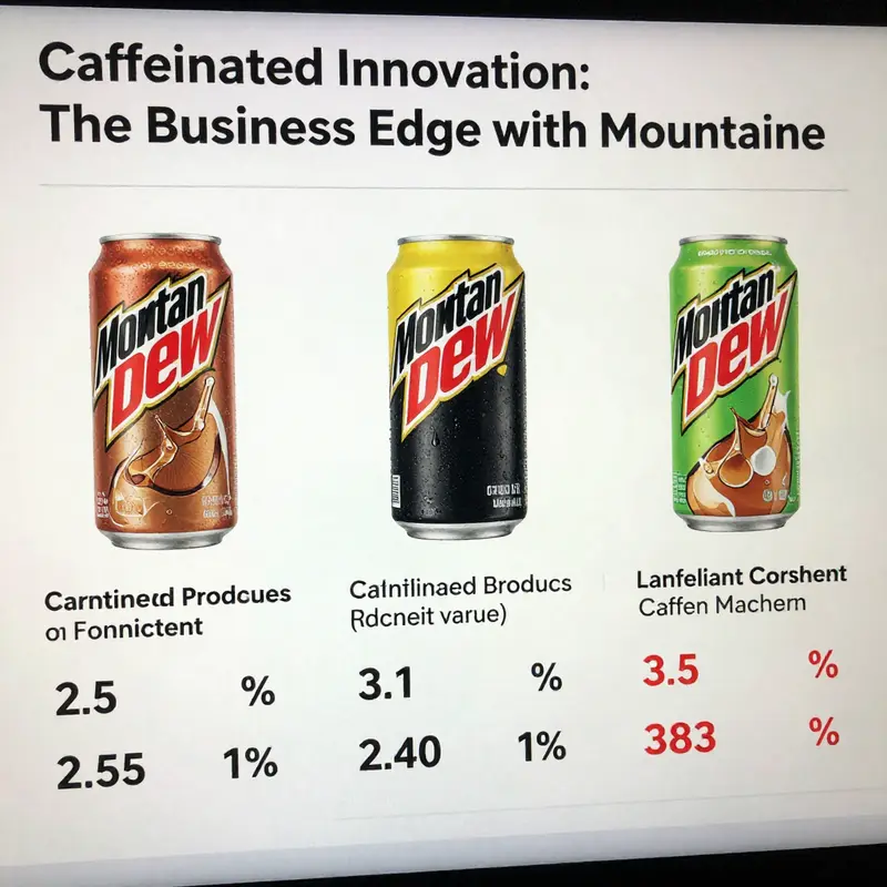 A display of various Mountain Dew variants illustrating their caffeine content.