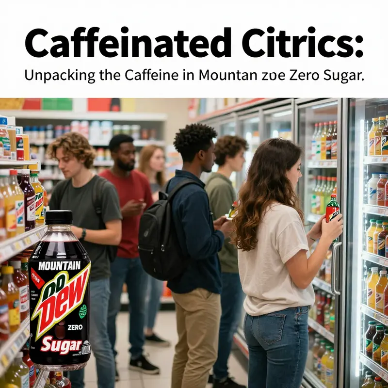 The unmistakable can of Mountain Dew Zero Sugar highlighting its caffeine content.