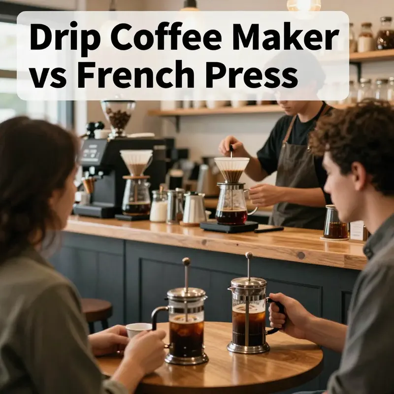 Visual comparison of brewing methods: drip coffee maker and French press.
