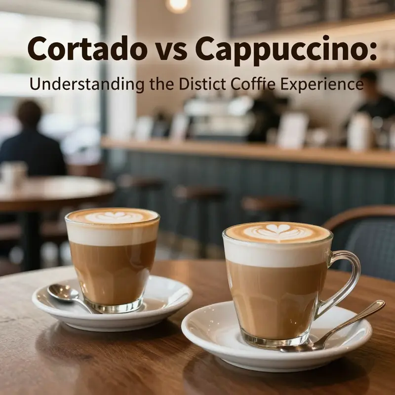 A visually appealing shot of Cortado and Cappuccino served on a café table, surrounded by a lively coffee shop ambiance.