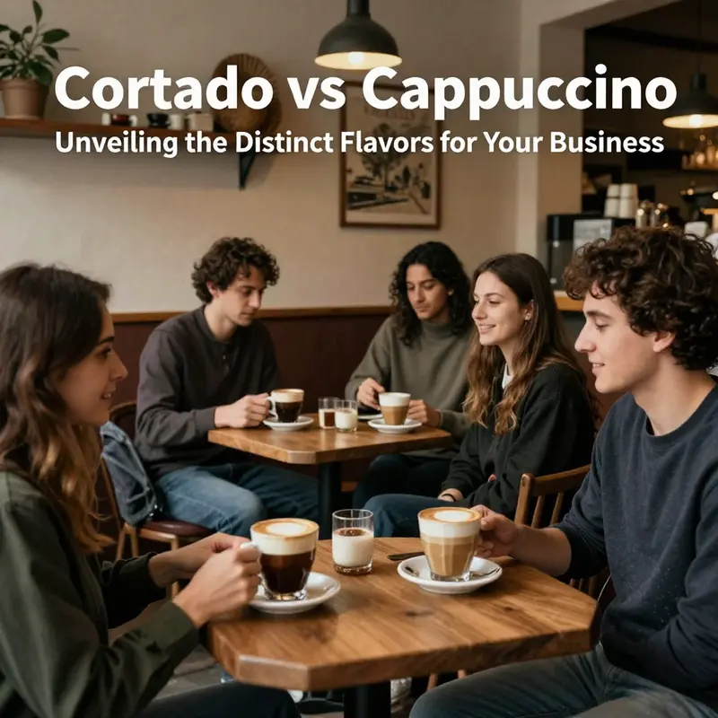 Cortado on the left showcases its minimalistic design, while Cappuccino on the right features intricate coffee art.