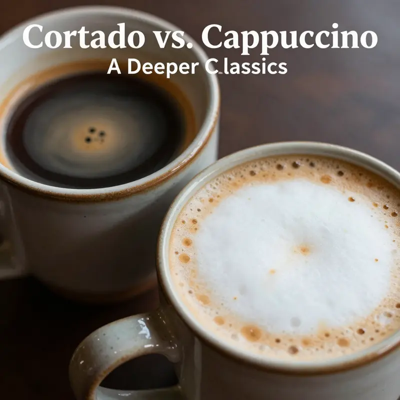 Visual representation of the differing milk ratios and preparation methods of cortado and cappuccino.