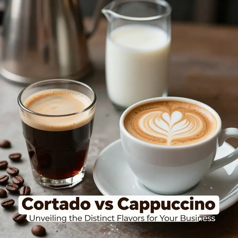 Cortado on the left showcases its minimalistic design, while Cappuccino on the right features intricate coffee art.