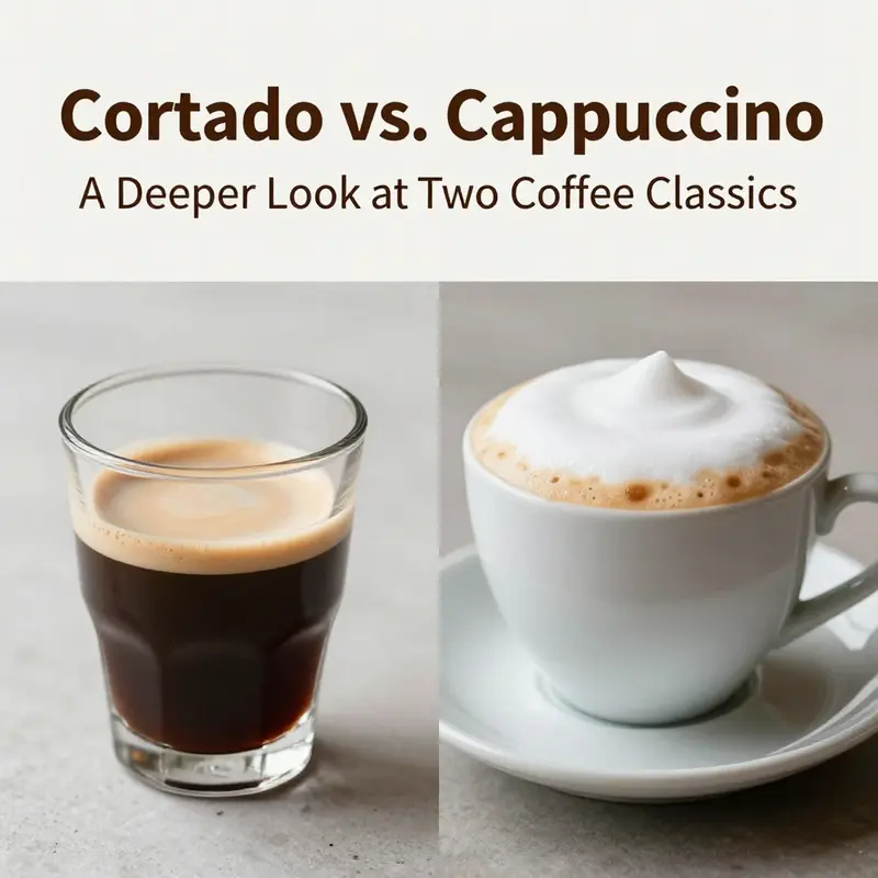 Visual representation of the differing milk ratios and preparation methods of cortado and cappuccino.