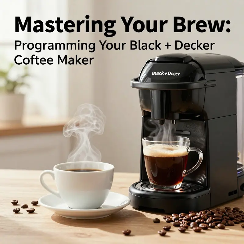 A steaming cup of coffee and a Black + Decker coffee maker ready for programming.