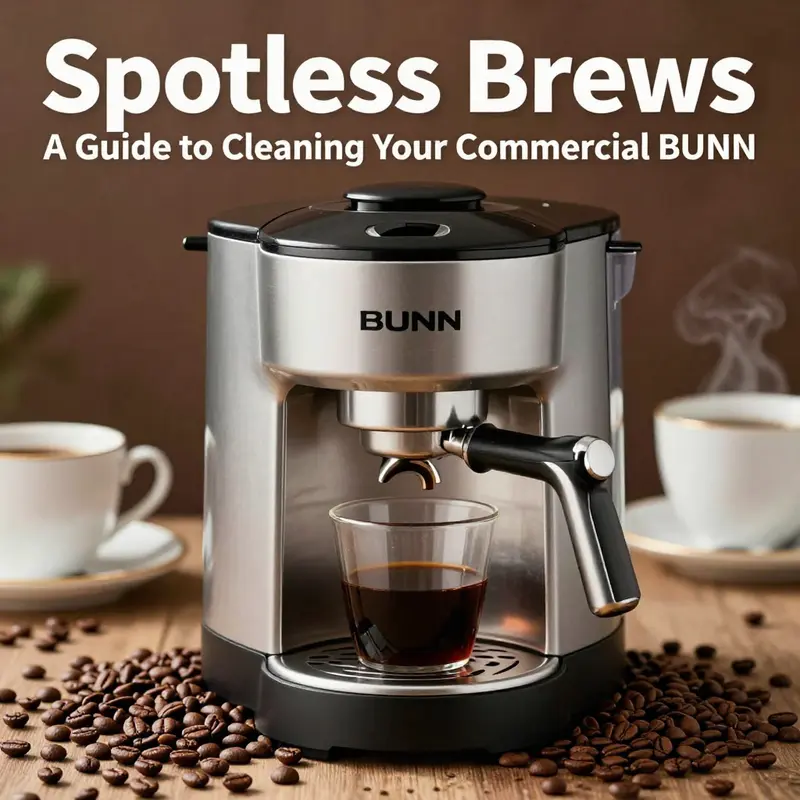 A commercial BUNN coffee maker with coffee beans and mugs in the background.