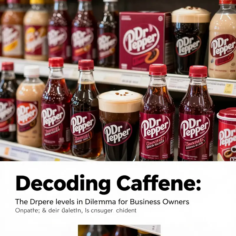 A colorful arrangement of drinks showcasing their caffeine levels, including Dr Pepper.