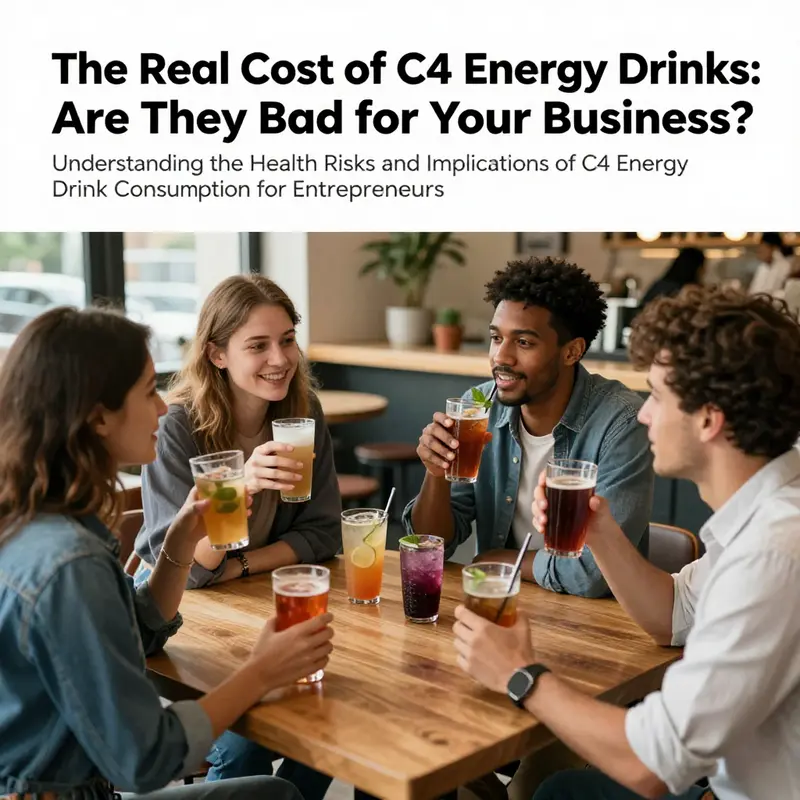A lively scene of diverse individuals enjoying energy drinks in a café setting.