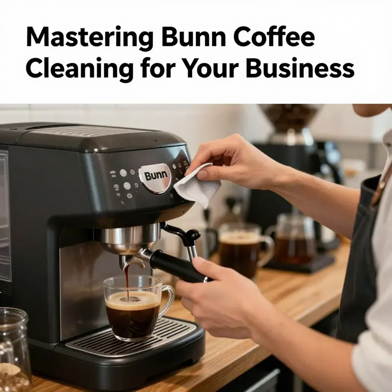 A diligent barista cleaning a Bunn coffee maker in a coffee shop, with freshly brewed coffee in the background.