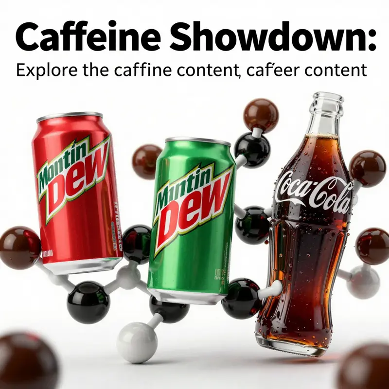 An artistic representation of caffeine molecules with Mountain Dew and Coca-Cola cans, reflecting the topic of caffeine comparison.