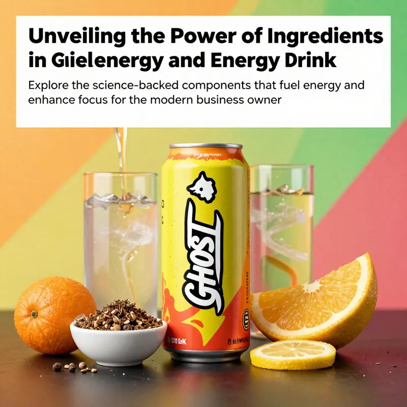 An artistic representation of the key ingredients in GHOST Energy Drink highlighted in a colorful setting.