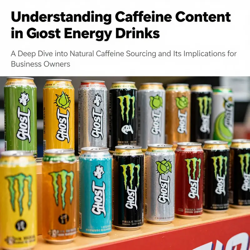 Display of various GHOST Energy drinks emphasizing natural caffeine in colorful packaging.