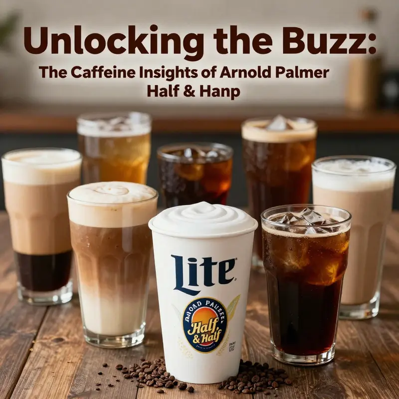 An array of refreshing beverages including Arnold Palmer Half & Half Lite, emphasizing freshness and variety.