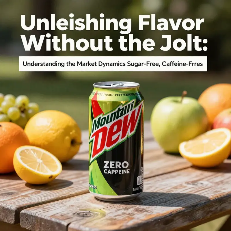 A colorful can of Mountain Dew Zero Caffeine surrounded by fresh fruits on a sunny picnic table.