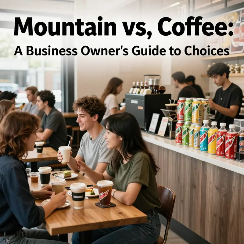 A busy café with patrons enjoying coffee and a distinctive Mountain Dew display, emphasizing beverage choices.