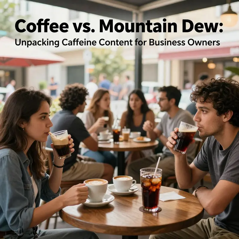 A visual comparison of caffeine levels in coffee and Mountain Dew, emphasizing serving sizes and content.