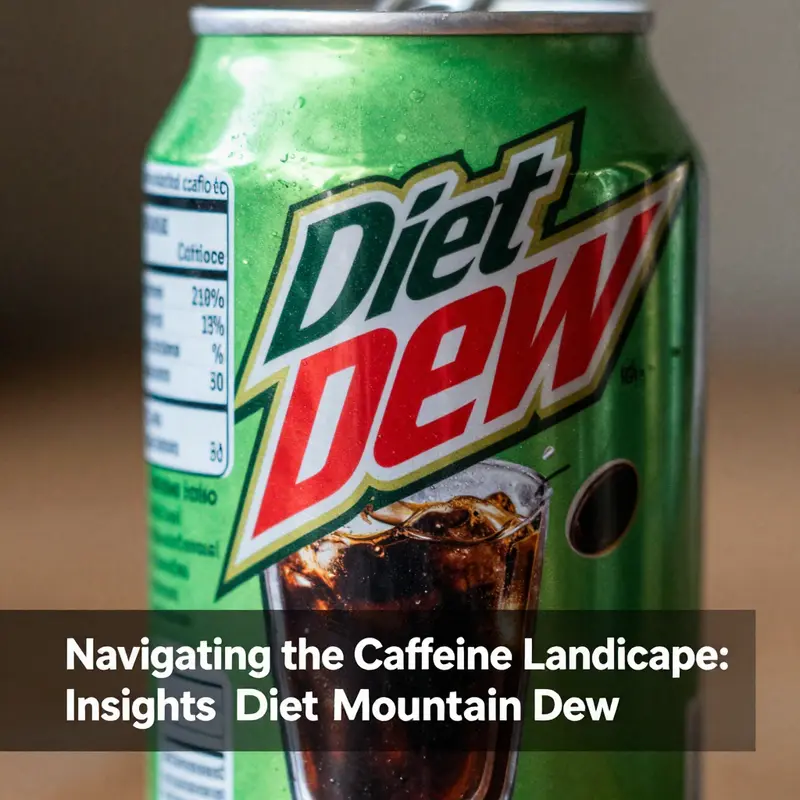 Diet Mountain Dew, prominently displaying its caffeine content of 54mg per 12oz can.