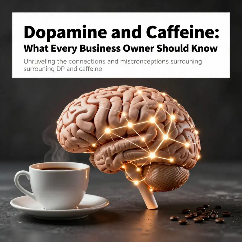 A brain with illuminated neural connections next to a coffee cup, illustrating the relationship between dopamine and caffeine.