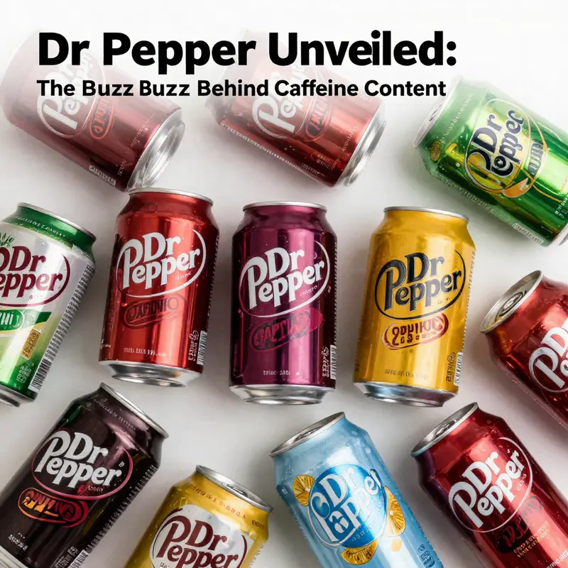 Flat lay of different soft drink cans highlighting Dr Pepper among other brands.