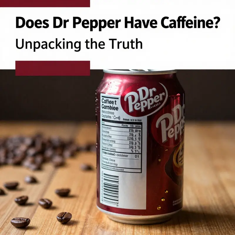 A can of Dr Pepper highlighting its caffeine content and nutritional information.