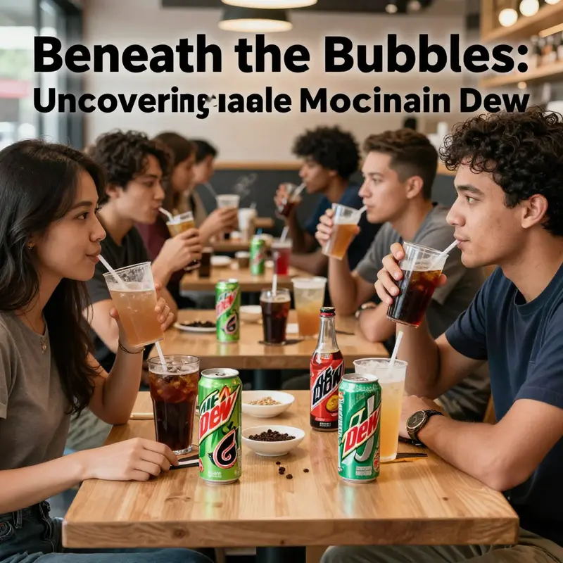 A busy café with customers enjoying Mountain Dew while engaged in conversation and gaming.