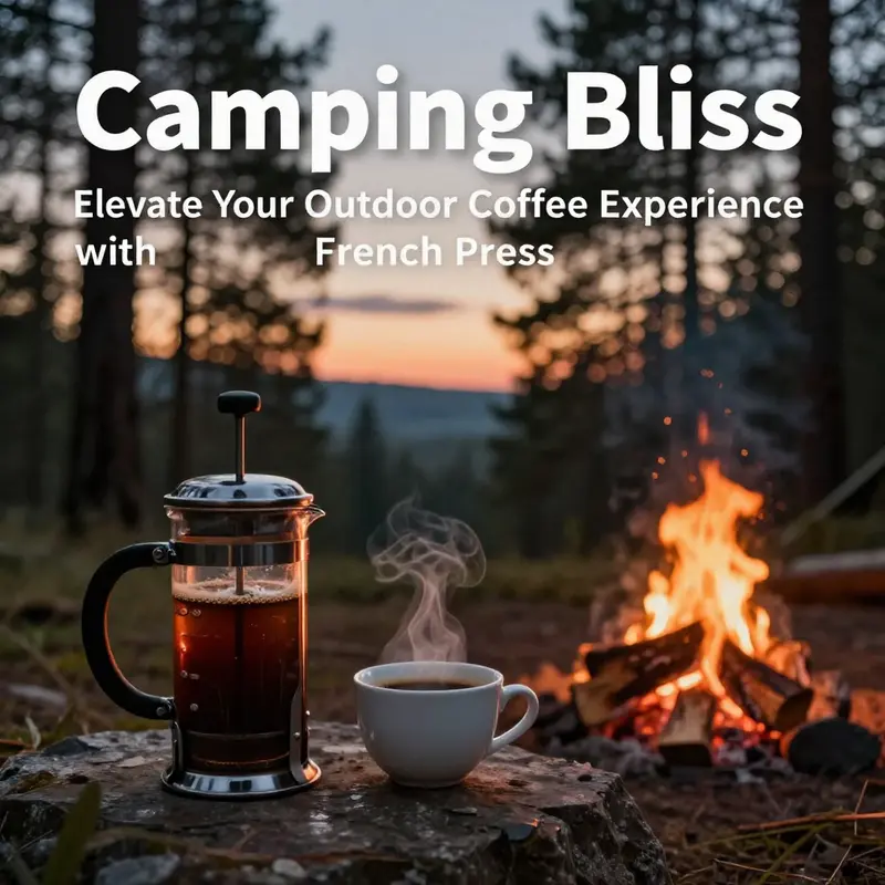 A campsite at dusk featuring a French Press and coffee cup with a glowing campfire in a picturesque forest setting.