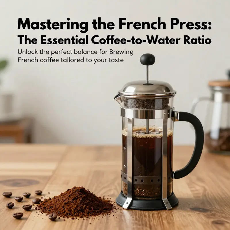 An aesthetically arranged French press coffee setup with coffee beans and ground coffee.