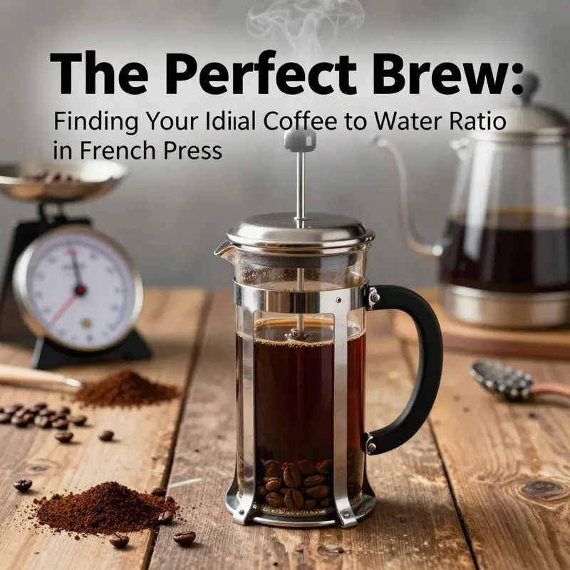 A French press with the standard coffee-to-water ratio setup, showcasing the balance needed for an ideal brew.