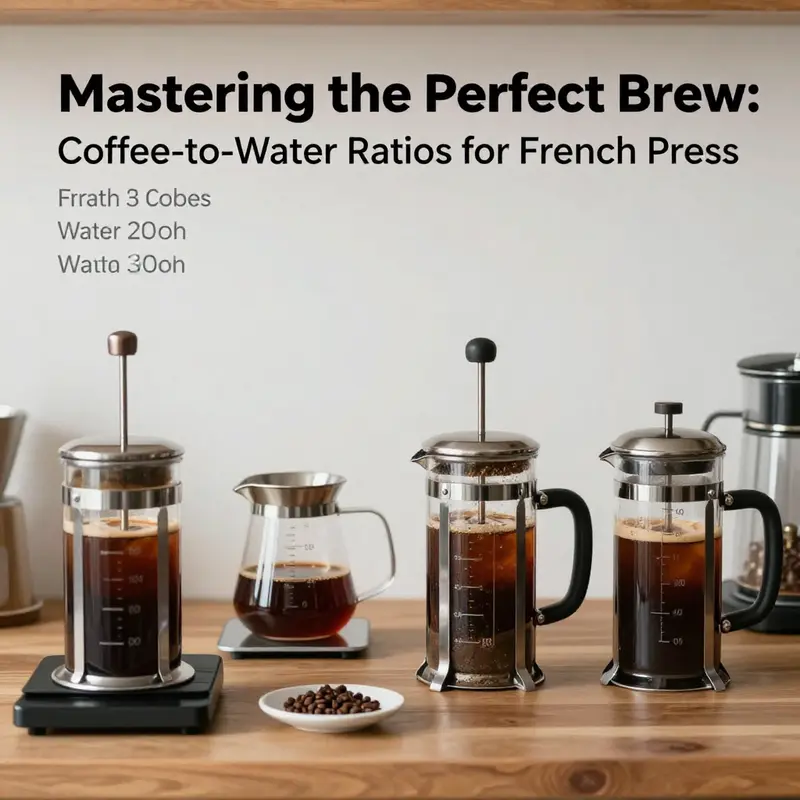 Standard French press ratio of coffee to water, demonstrating the harmony of coffee and water in brewing.