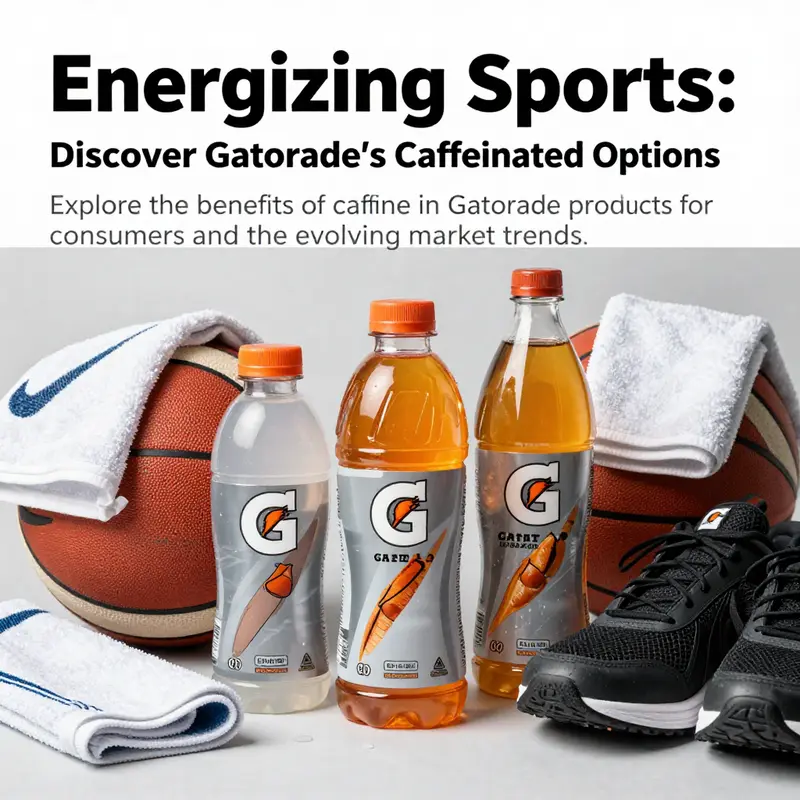 An array of Gatorade caffeinated drinks alongside sports equipment, symbolizing athletic energy.