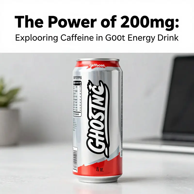 Detailed nutritional breakdown highlighting the 200mg caffeine content of GHOST Energy Drink.