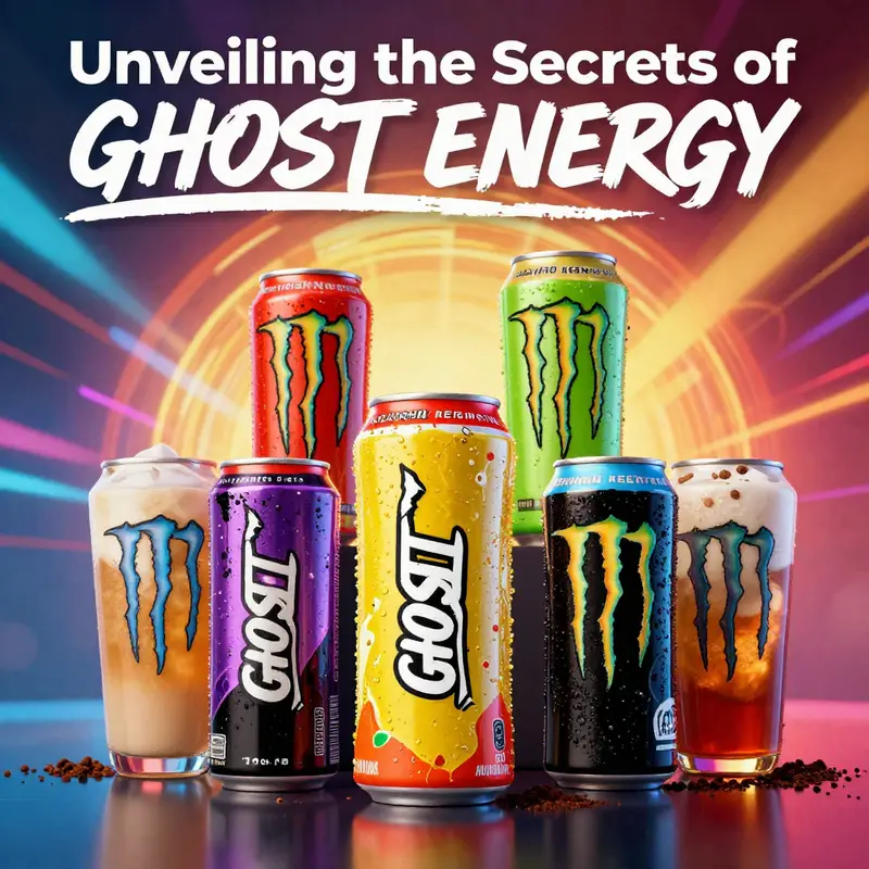 A bright and colorful display of different GHOST Energy drink cans against a lively background.