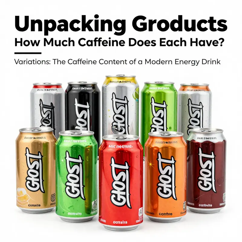 A GHOST Energy drink can highlighting the caffeine content of 200 mg.
