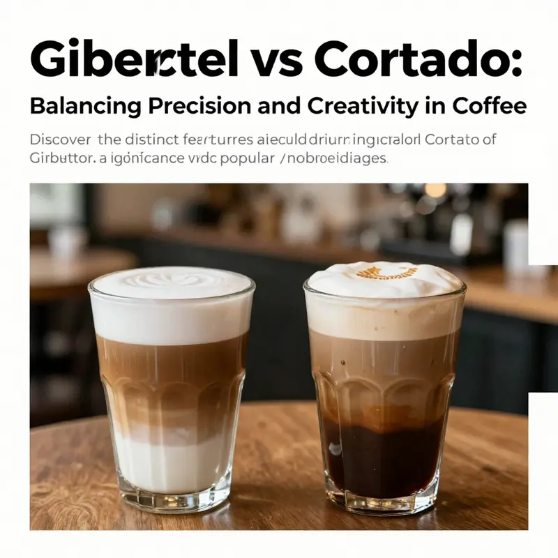 Two coffee drinks, Gibraltar and Cortado, photographed in a coffee shop setting, illustrating their distinct features.
