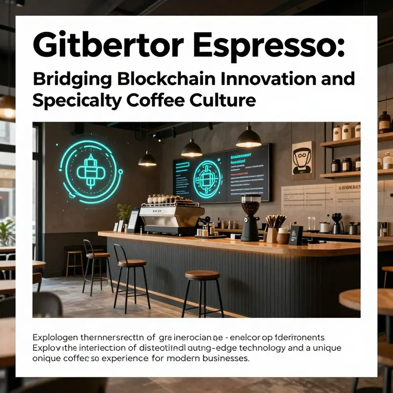 An artistic depiction of a café setting infused with elements of blockchain technology and espresso beverages.