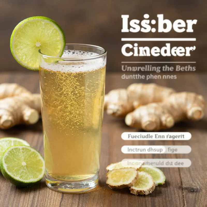 A glass of ginger beer garnished with lime, set against ginger root and sugar, representing the refreshing beverage's appeal.