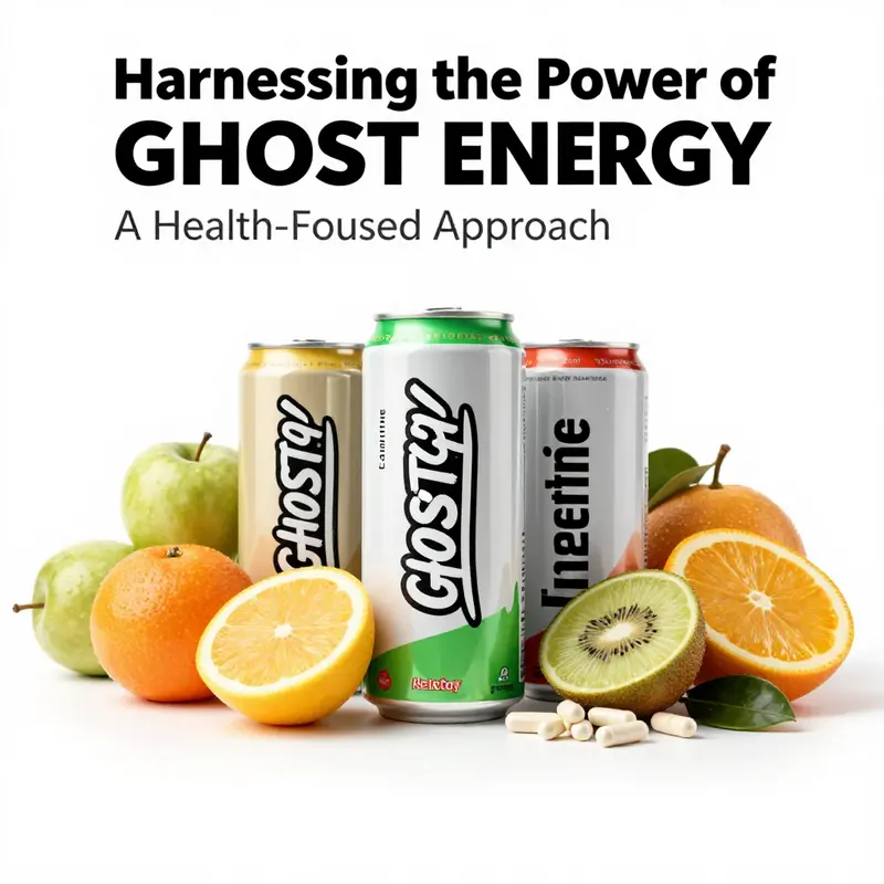 An assortment of GHOST Energy drinks alongside key health-boosting ingredients illustrating their benefits.