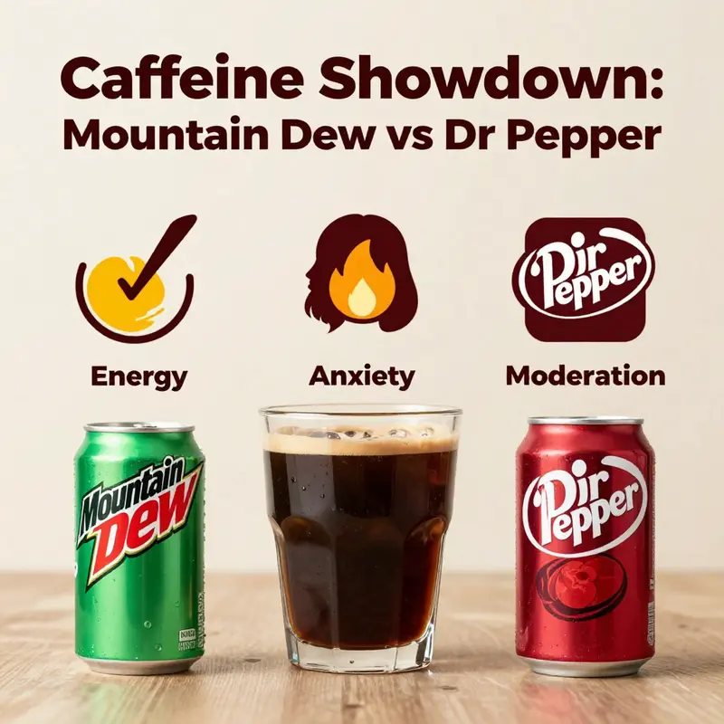 Caffeine content comparison between Mountain Dew and Dr Pepper.