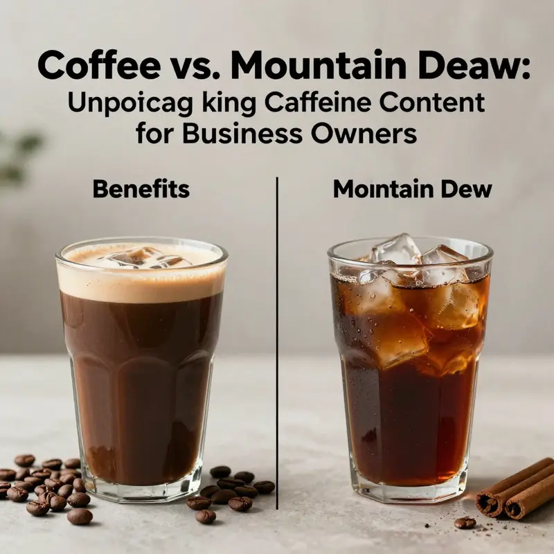 A visual comparison of caffeine levels in coffee and Mountain Dew, emphasizing serving sizes and content.