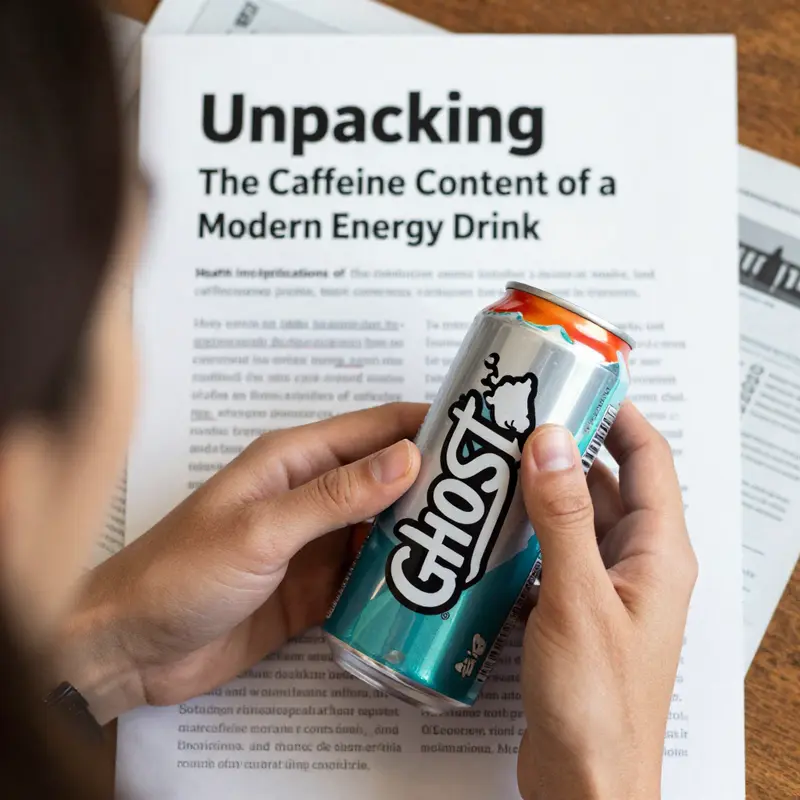 A GHOST Energy drink can highlighting the caffeine content of 200 mg.